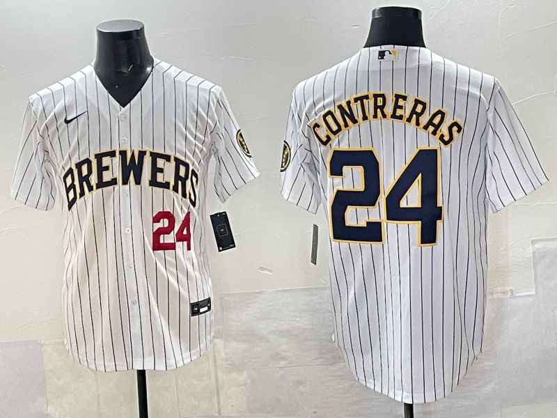 Men Milwaukee Brewers #24 Contreras White Stripe Nike MLB 2025 Jersey 02->milwaukee brewers->MLB Jersey